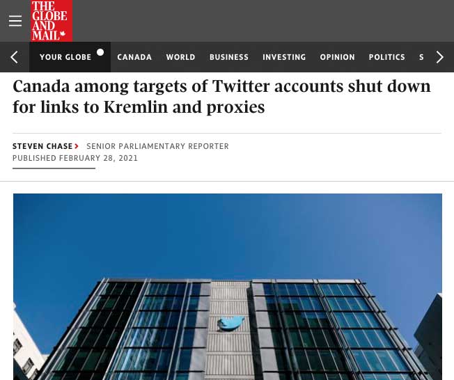 Globe and Mail: DisinfoWatch Discovers Kremlin Tweets Targeting Canadian Interests