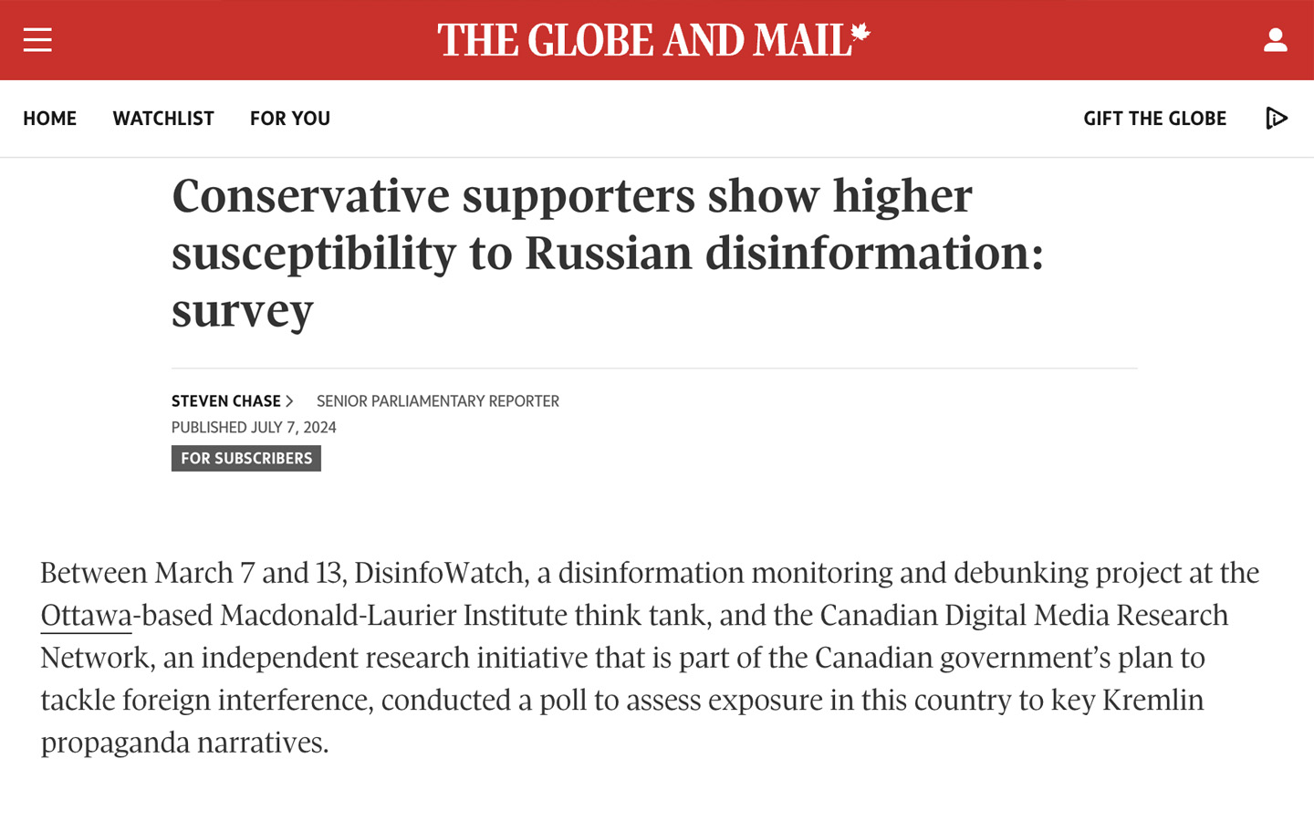 DisinfoWatch Featured in Globe and Mail