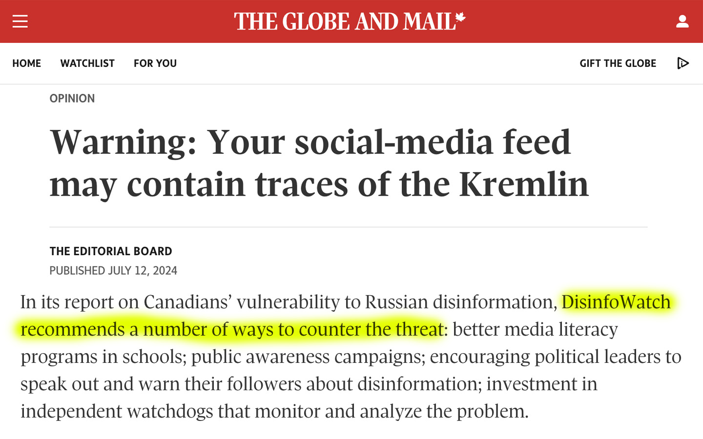 Globe & Mail July 12 Editorial Supports Following DisinfoWatch Recommendations